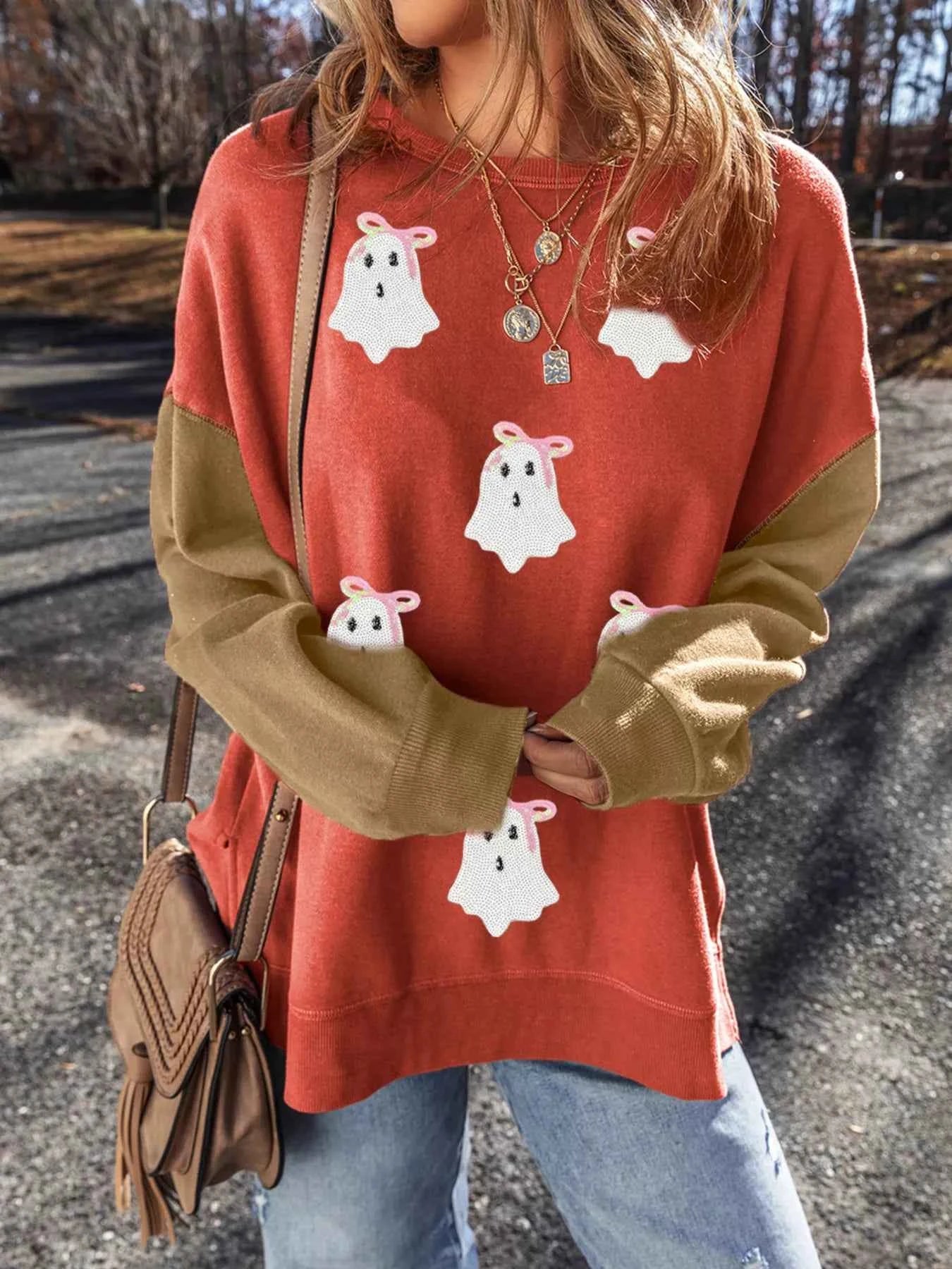 Halloween Glitter Ghost Patched Pattern Color Block Sweatshirt 173c1c61aa014c9588c5abf267d77ce6-Max-Origin