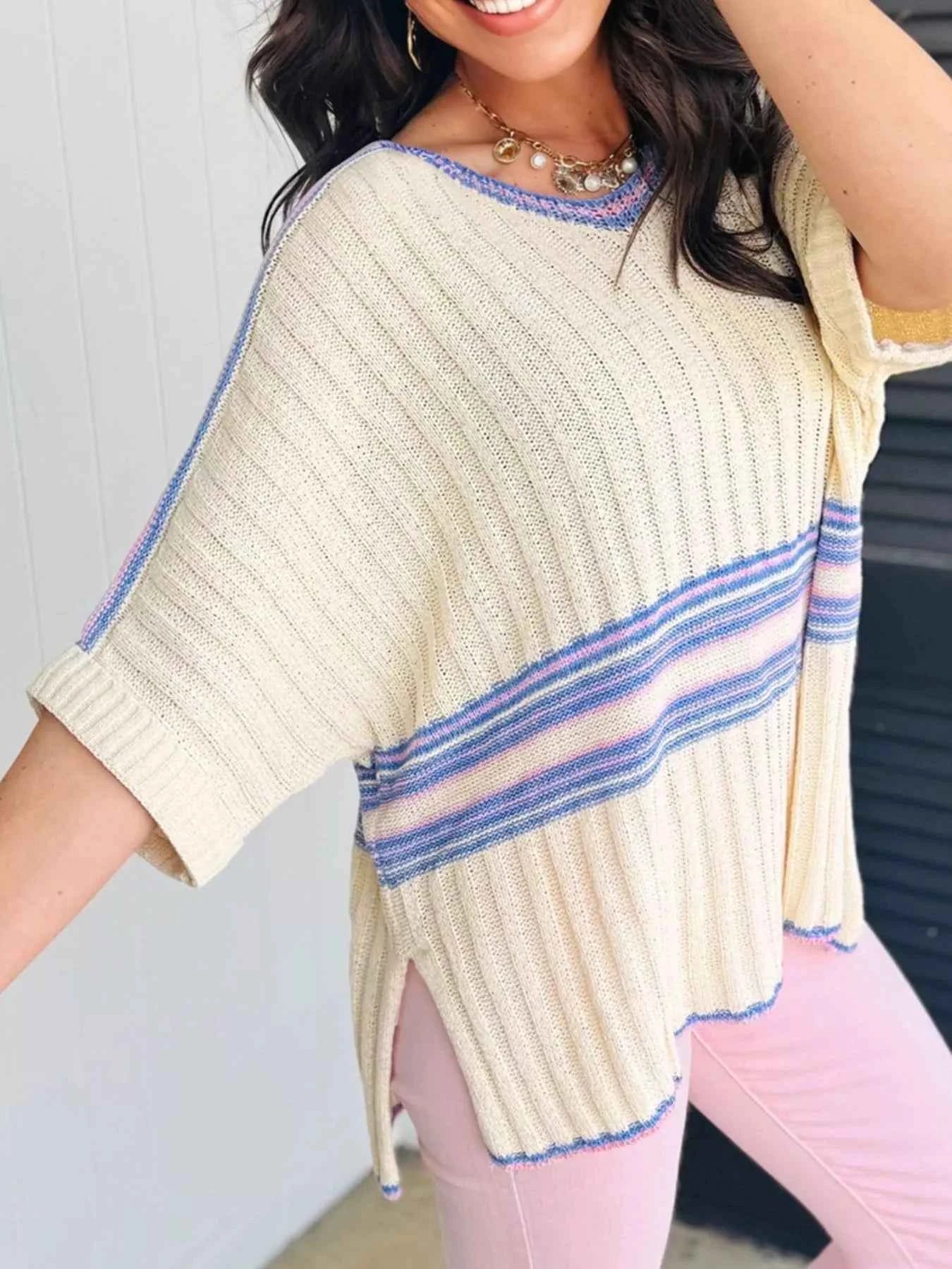 Striped V Neck Dolman Sleeve Rib Knit Oversized Sweater with Slits 175583e7-4567-47f7-a844-f3657e219333-Max-Origin