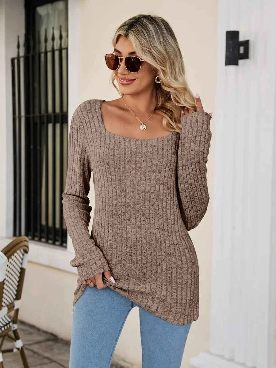 Ribbed Square Neck Long Sleeve T-Shirt Taupe 17cf2786-0a0d-45aa-90d5-2c7f3a7249e6-Max-Origin