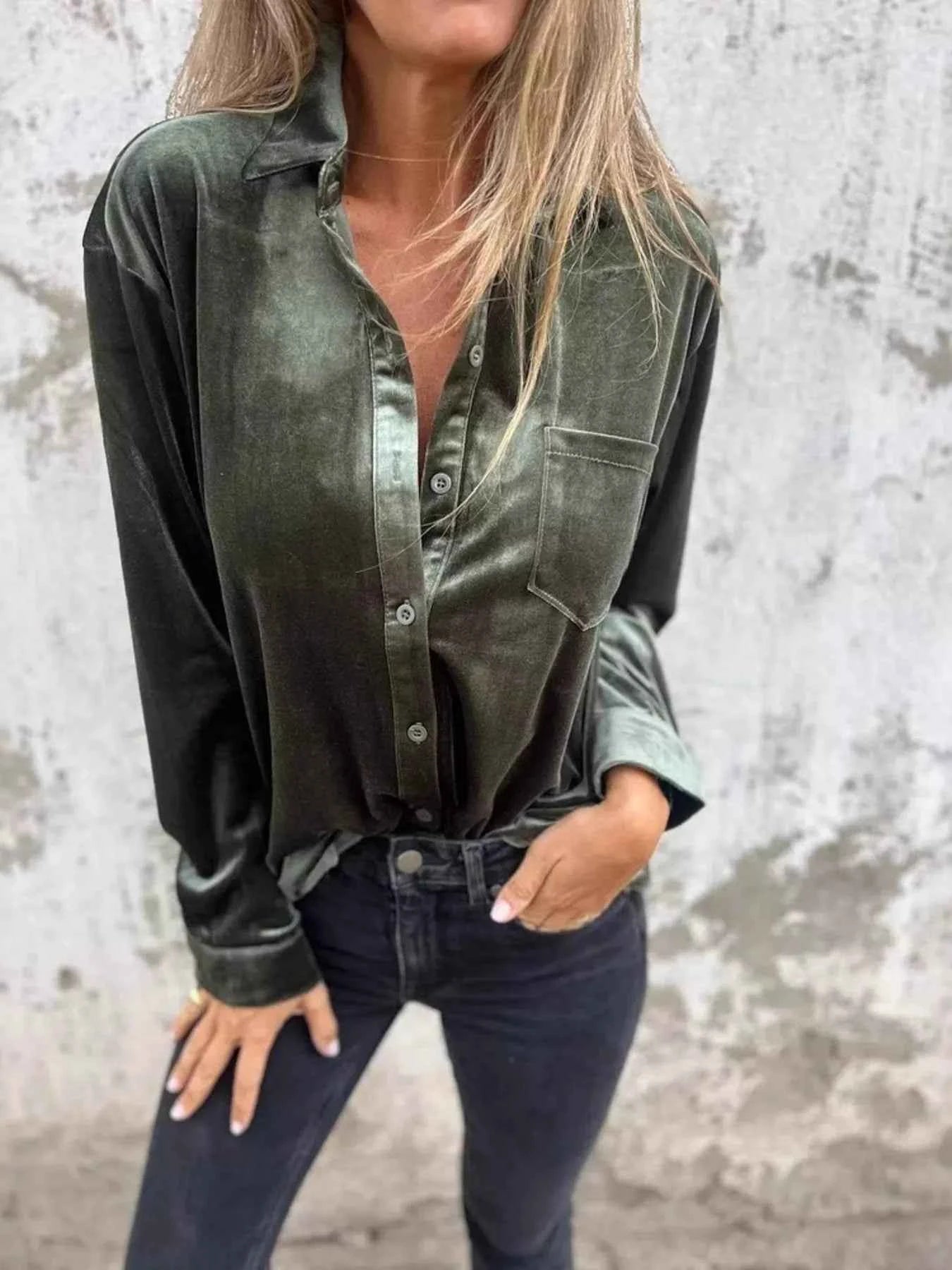 Full Size Velvet Button-Up Long Sleeve Shirt Plus Size Army Green 18092d1d7294435bb8a1076fede35fc4-Max-Origin