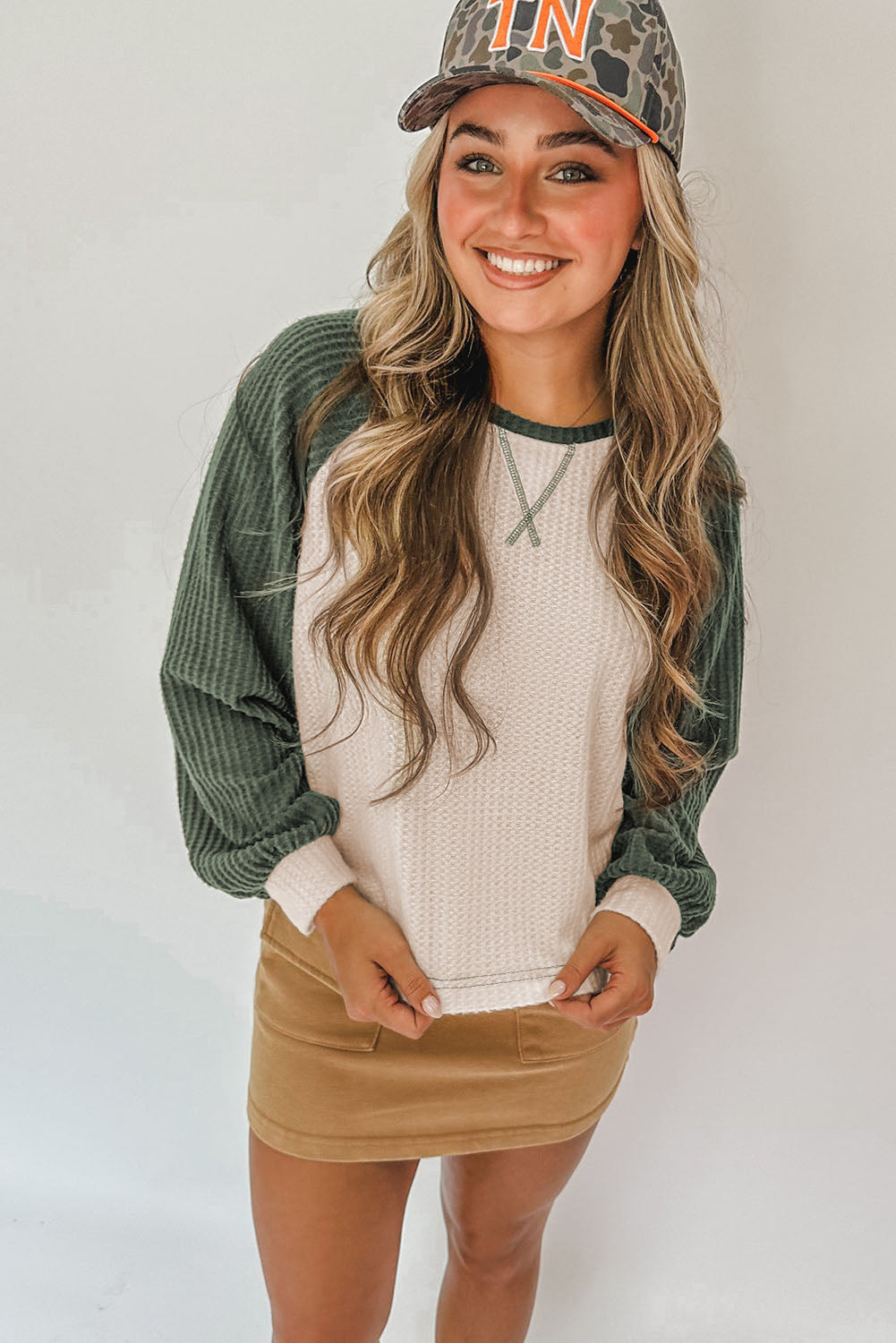 Mist Green Waffle Color Block Raglan Sleeve Top