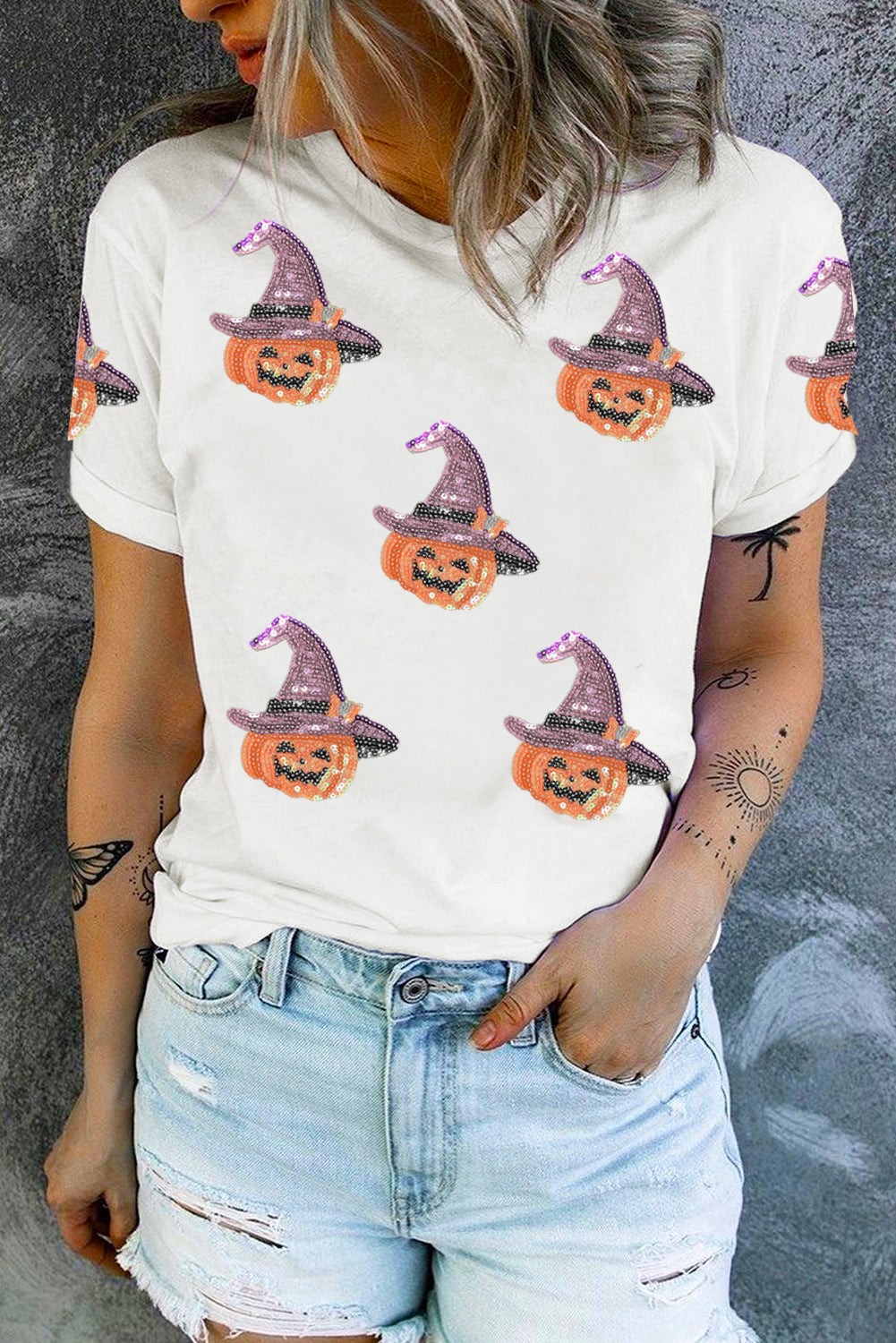 White Pumpkin Witch Sequins Patch Halloween Graphic Tee White 62%Polyester+32%Cotton+6%Elastane 1888ca9dfbf98c3c