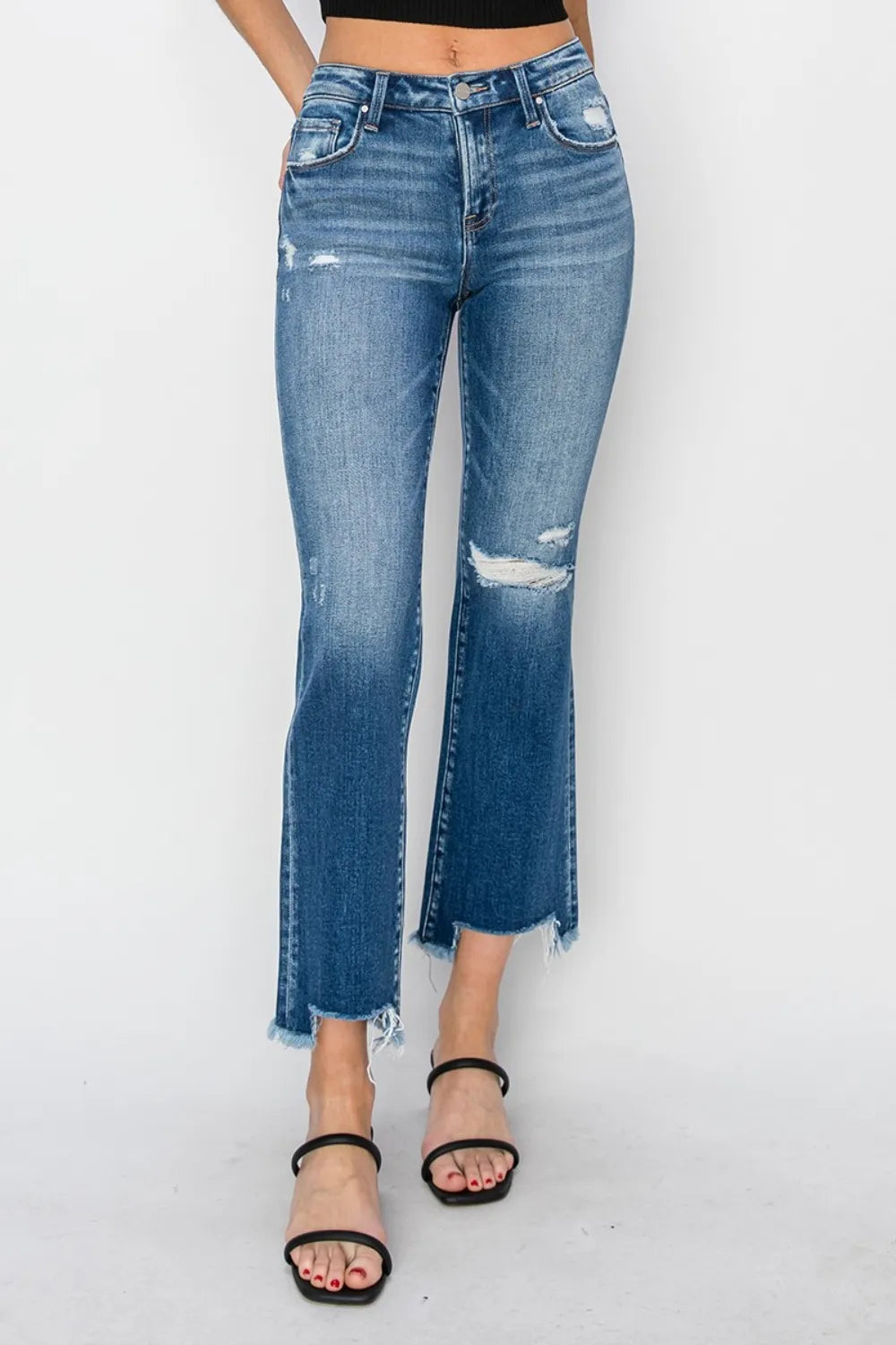 RISEN Full Size Frayed Step Hem Ankle Straight Jeans Dark 1892e7df-9d97-4a46-9f16-42ccf625da0a-Max
