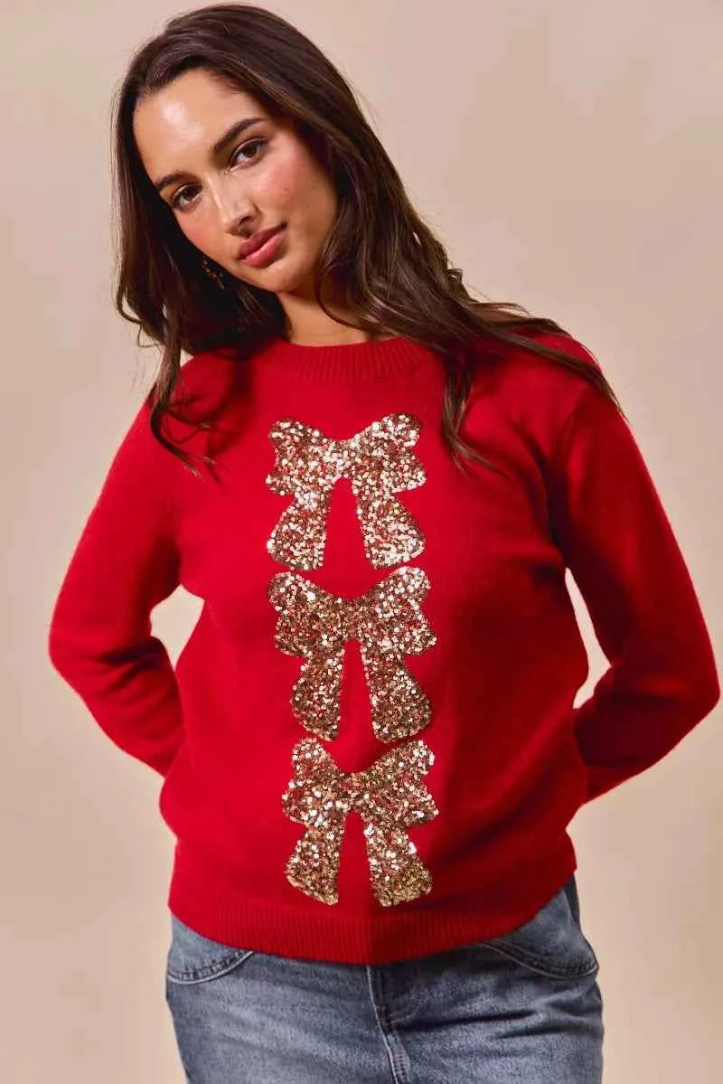 SO ME Sequins Bow Ribbon Embellished Christmas Sweater RED GOLD 18c4bf9adc804629ae9b67cae37c58ae-Max-Origin