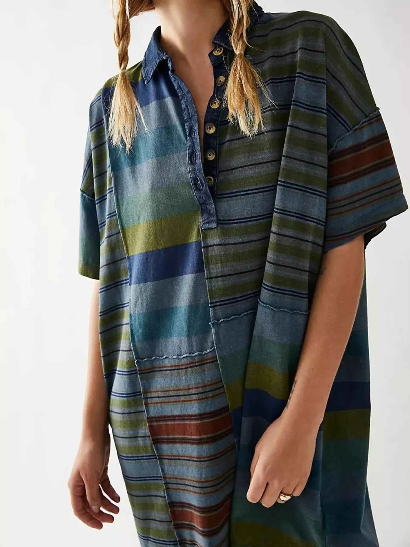 Striped Oversized Half Button Shirt Dress Dark Green Stripes 1976527c-7963-4ca3-99dd-012538aee4ec-Max-Origin