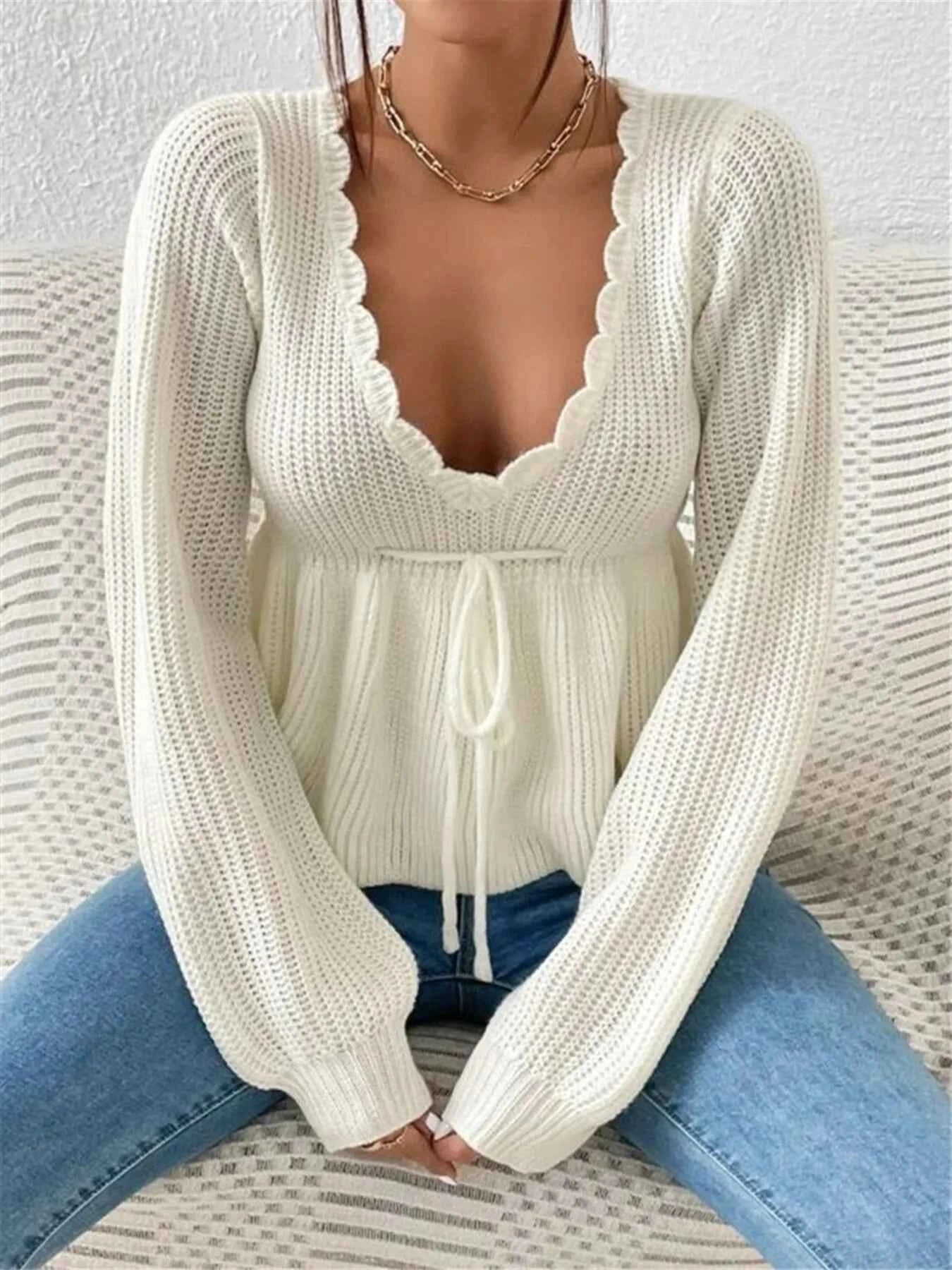 Scalloped V-Neck Drawstring Knit Top 1976e15ecab645d48b417f5700075adf-Max-Origin