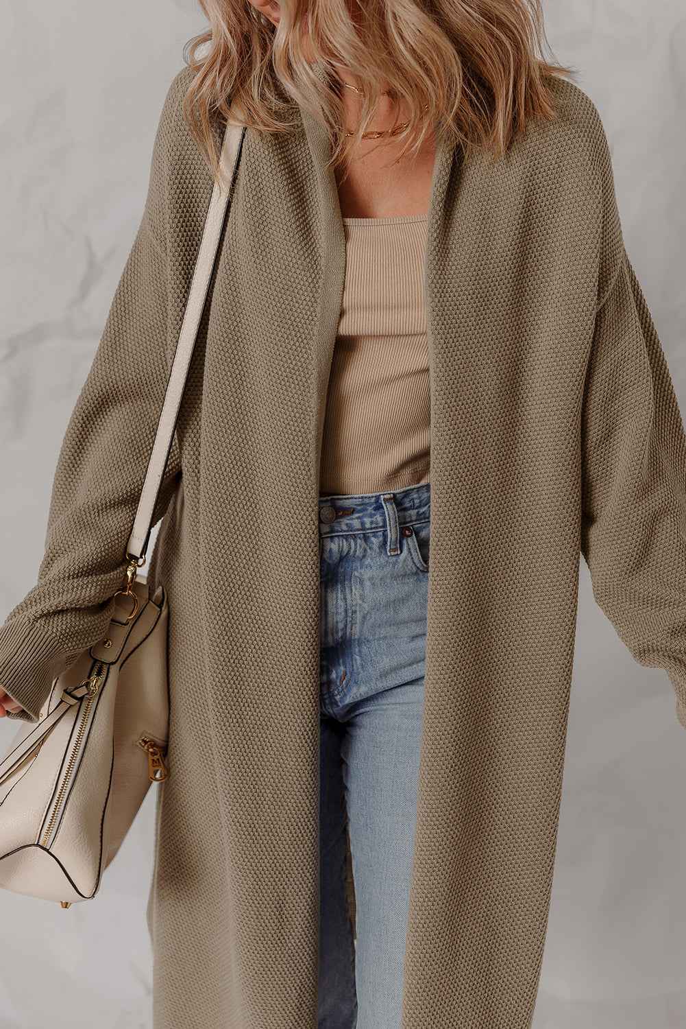 DUNE Solid Color Textured Knit Open Front Oversize Midi Sweater Cardigan