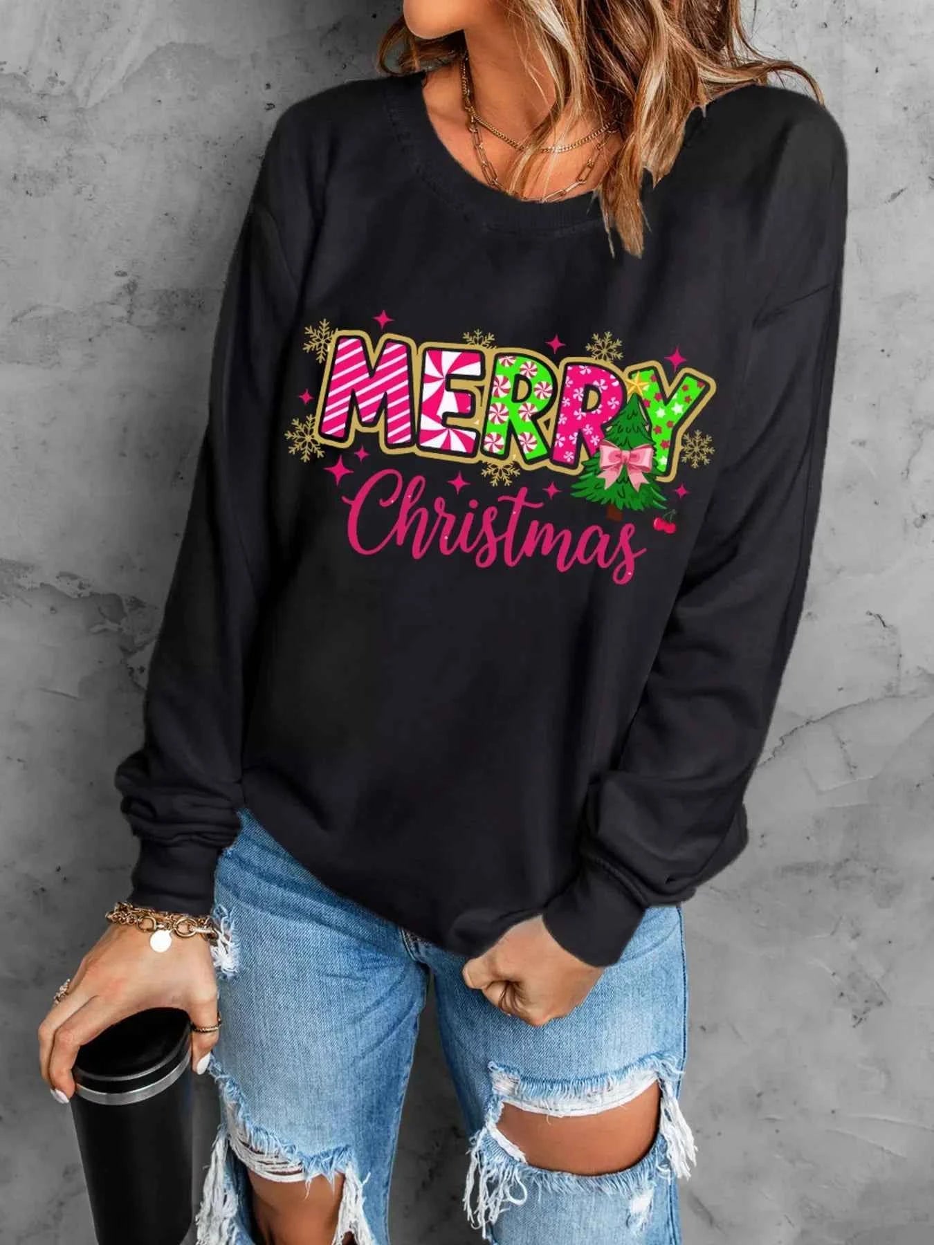 MERRY Christmas Letter Graphic Drop Shoulder Sweatshirt 1a7cf9530556489582da84681fe95c4d-Max-Origin