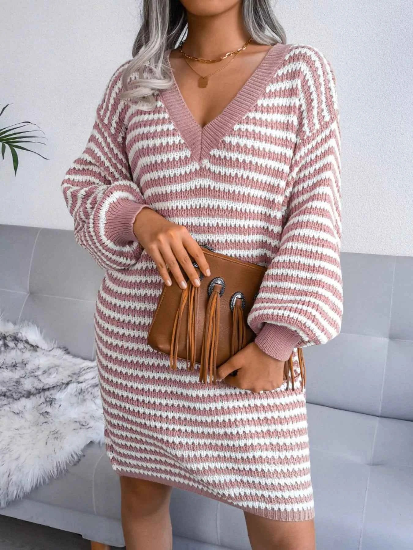 Striped V-Neck Long Sleeve Sweater Dress Pink 1ae712cc-ed2a-4905-b151-dc11eb35b674-Max-Origin