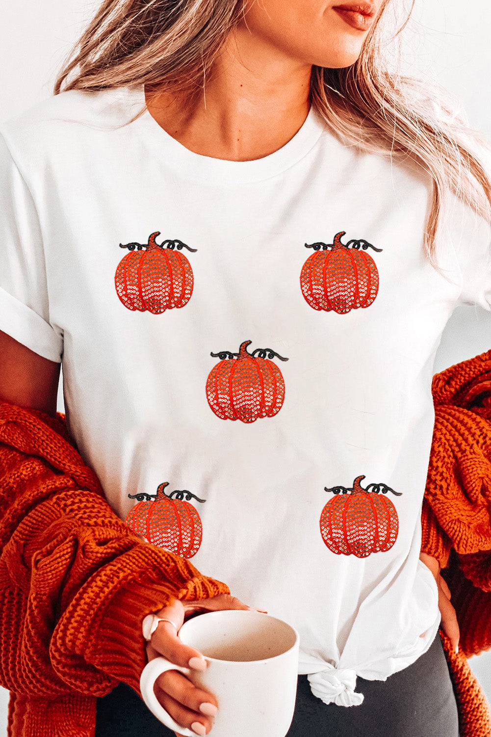 White Glitter Pumpkin Patched Cotton Blend T Shirt 1b61e6157a32284b