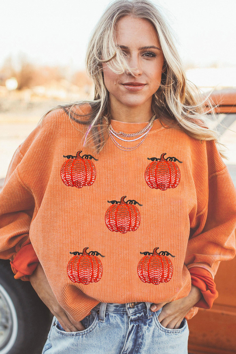 Orange Sequin Pumpkin Patched Twisted Rib Baggy Sweatshirt 1b91849ab49f49d7