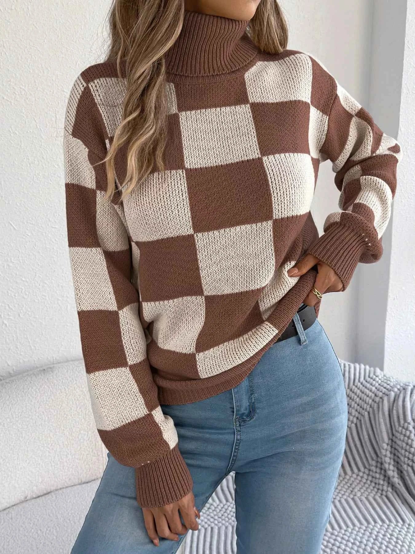Checkered Turtleneck Long Sleeve Sweater Brown 1b97bc38-93cb-4e1b-83ef-76e9a4c09813-Max-Origin