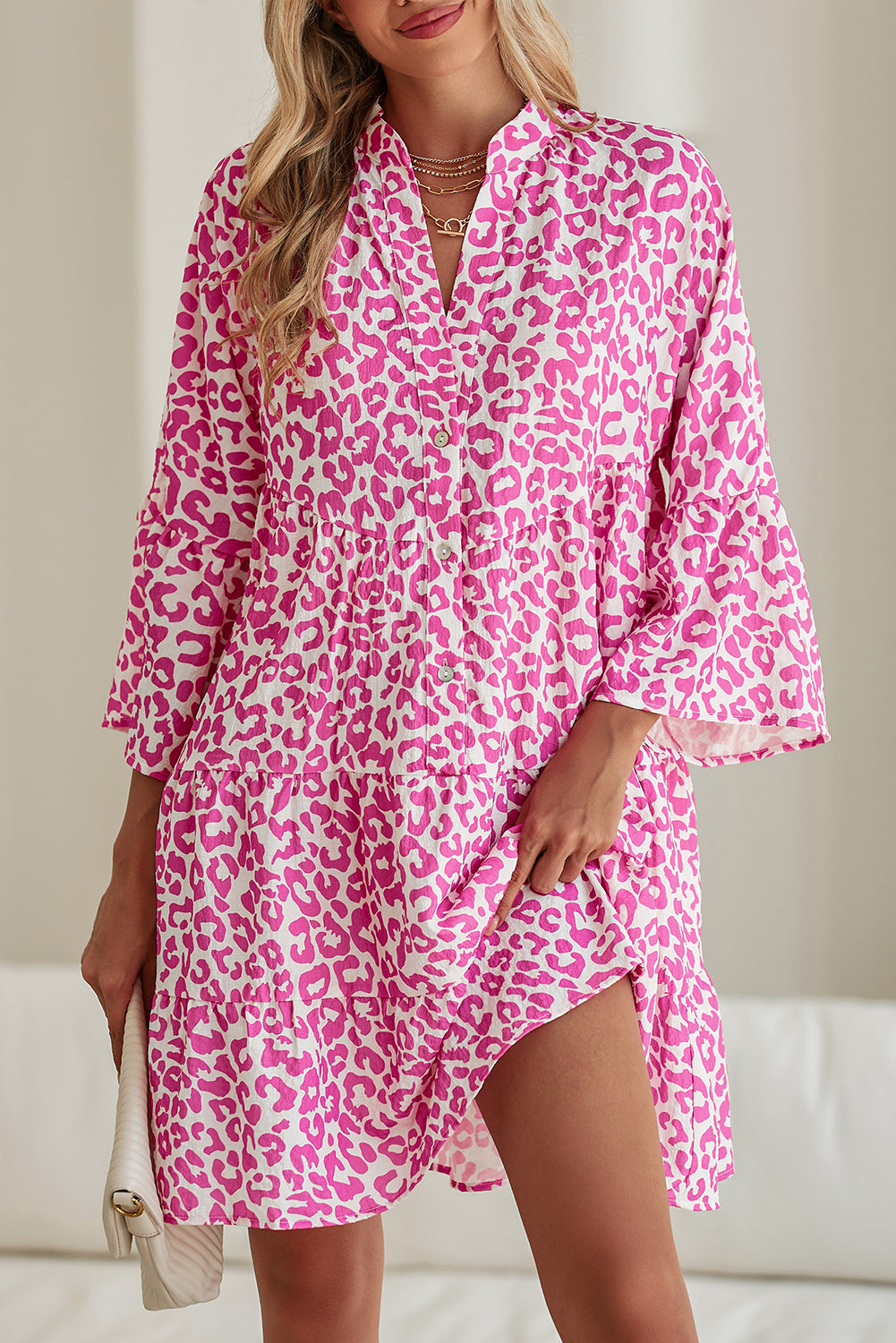 Bright Pink Leopard Print Flounce Sleeve Mini Dress Bright Pink 100%Polyester 1be376789eaddc01