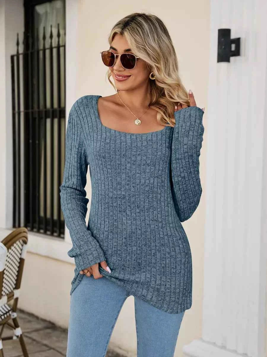 Ribbed Square Neck Long Sleeve T-Shirt Deep Teal 1bfb6d1f-5b12-46bd-8a25-96f208fc4d49-Max-Origin