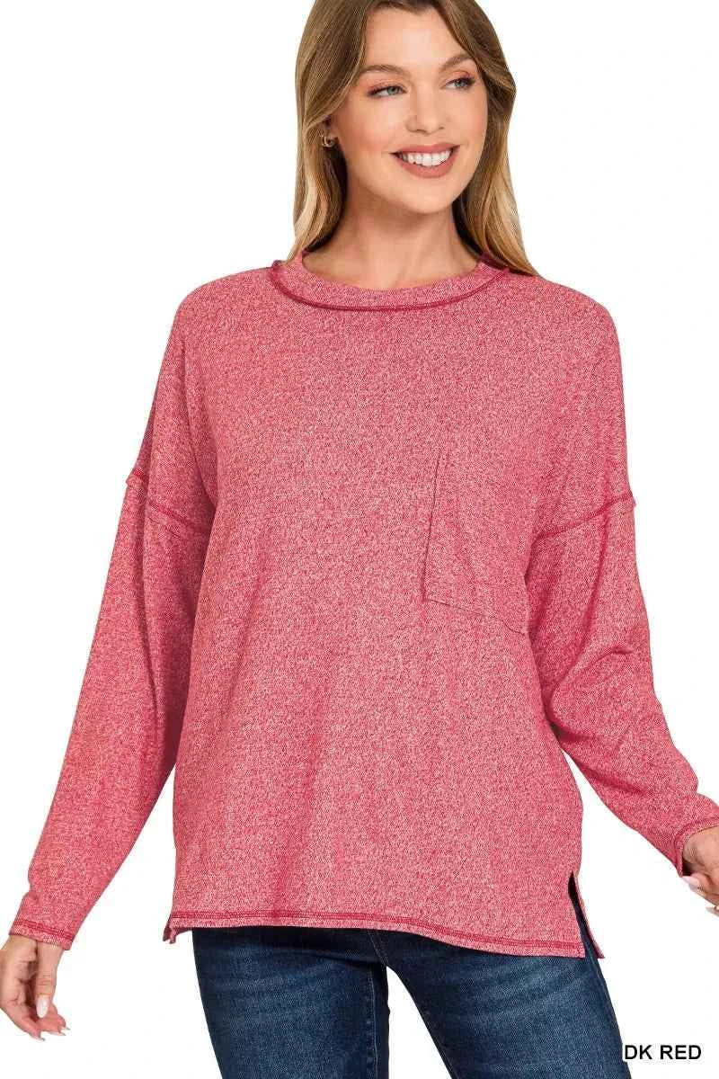 Zenana Soft Melange Hacci Round-Neck Long Sleeve T-Shirt DK RED 1c16b40b9ea04066b3978400101f57b1-Max-Origin
