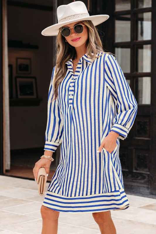 Stripe Buttoned Collar Side Pockets Mini Dress 1c775165-e6c2-4ec7-acce-daaa47bcf818