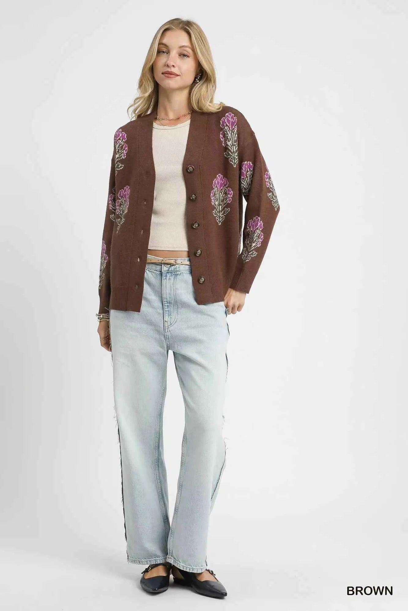 Umgee Single Flower Stem Jacquard Cardigan Sweater