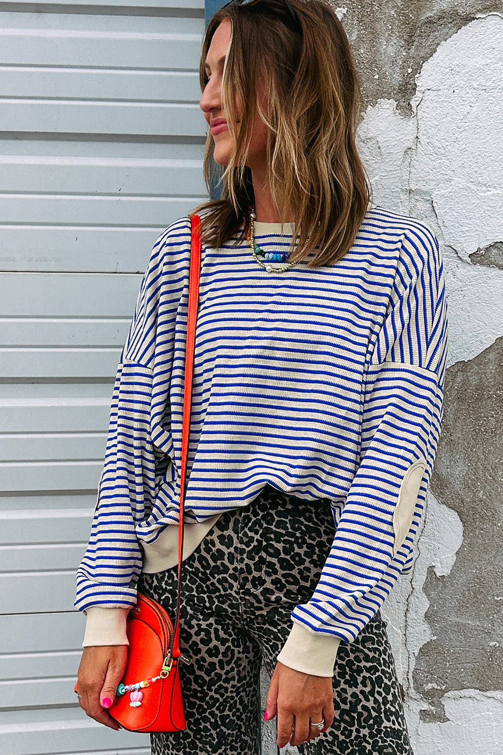 Blue Stripe Textured Elbow Patched Crew Neck Drop Shoulder Sweatshirt 1c9fed2735e6b246