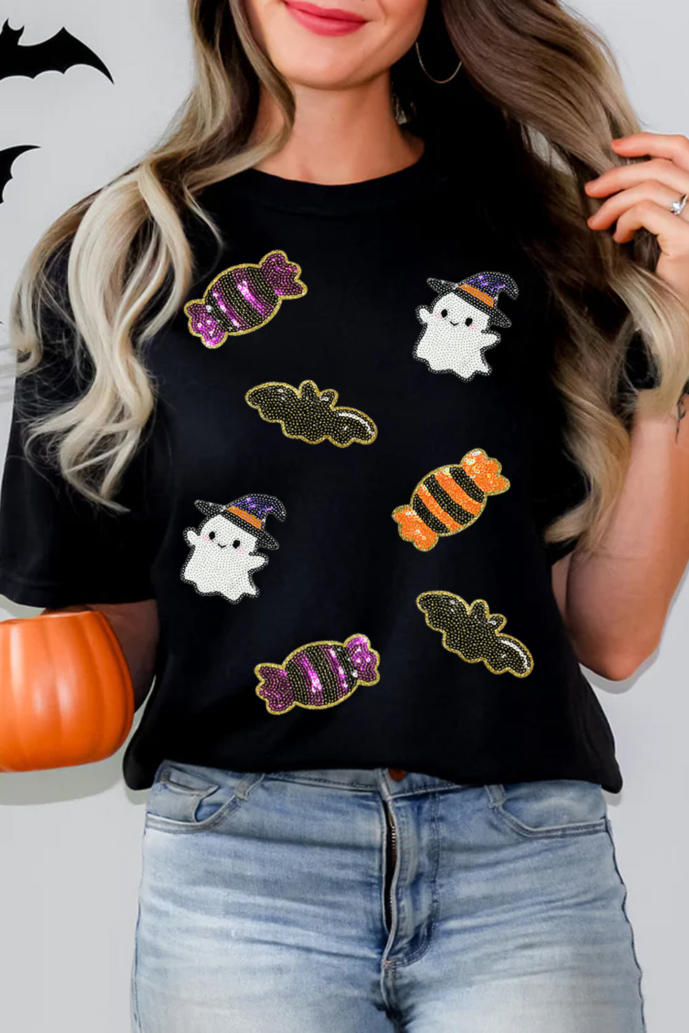 Black Halloween Spirit Pattern Sequins Patch Custom Casual Tee Black 62%Polyester+32%Cotton+6%Elastane 1e3cb9644c06fd2c