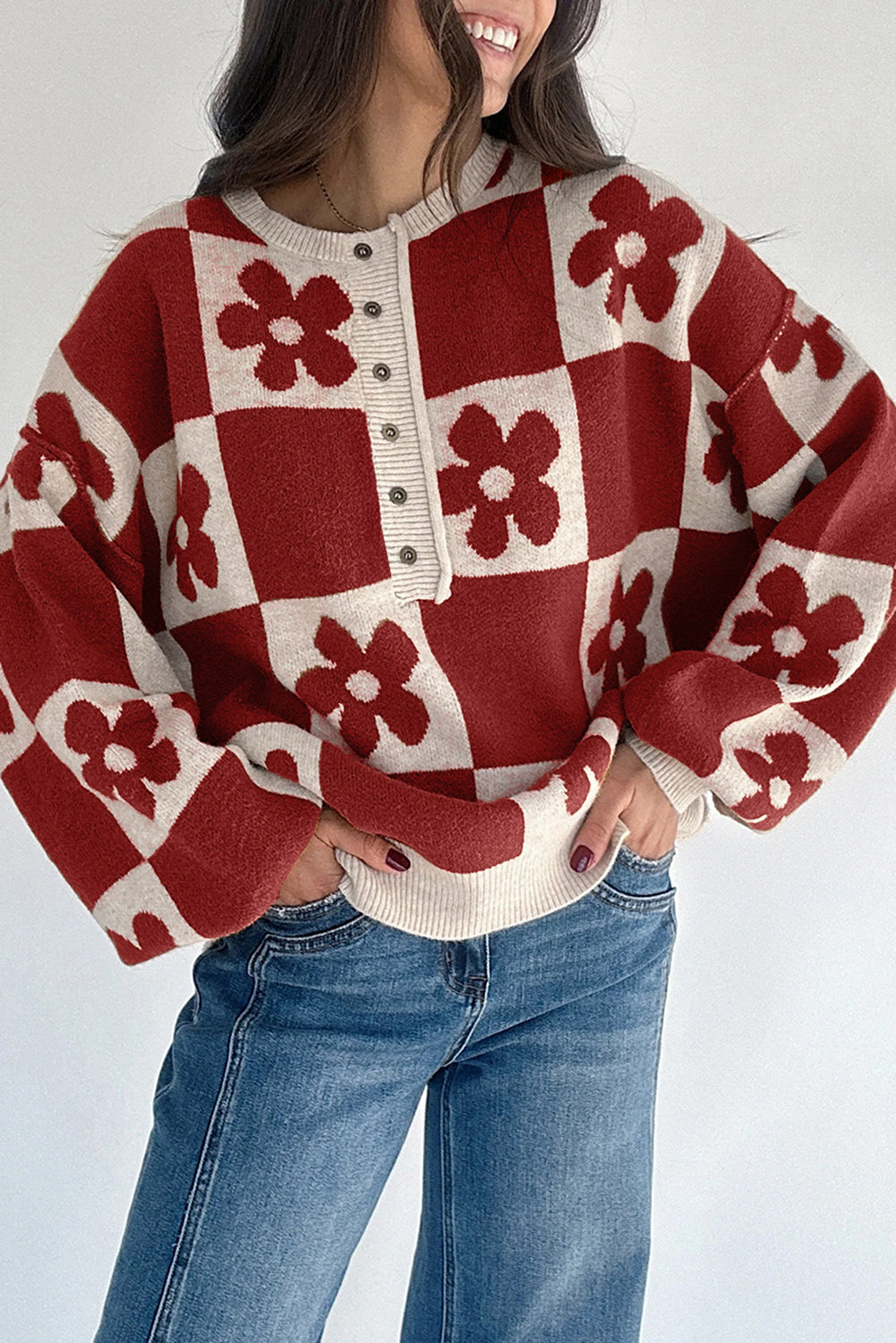 Red Dahlia Flower Colorblock Checkered Henley Sweater Red Dahlia 52%Viscose+26%Polyester+22%Polyamide 1e4a43b263bec155