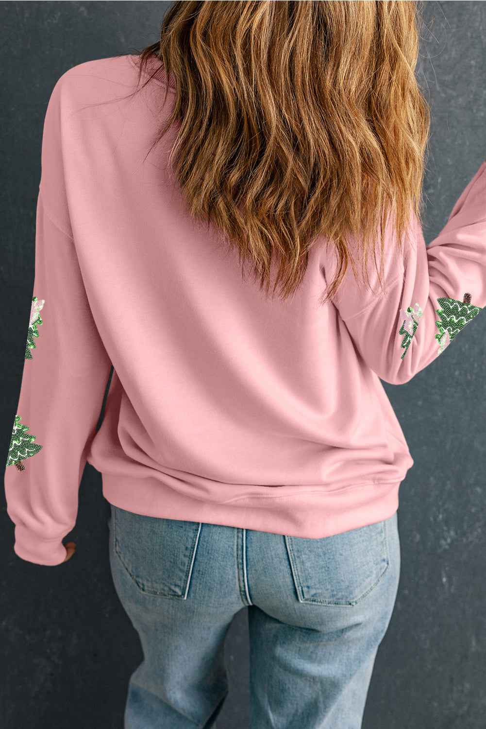 Pink Sequined Xmas Tree Patched Patterned Holiday Pullover Sweatshirt