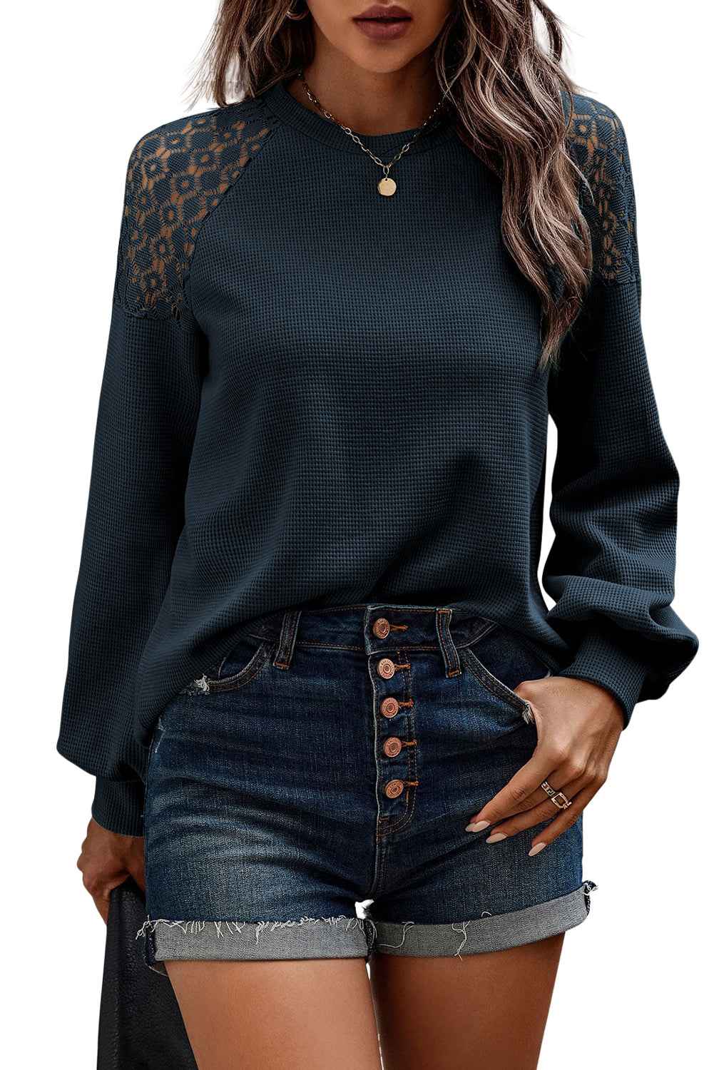 Real Teal Lace Patchwork Long Sleeve Textured Pullover 1e8269c3363fa3ee