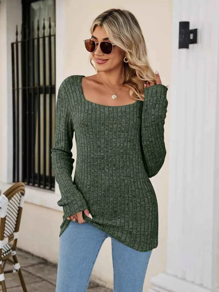 Ribbed Square Neck Long Sleeve T-Shirt Dark Green 1ea0e899-776b-4b53-823d-9d5664aa89cb-Max-Origin