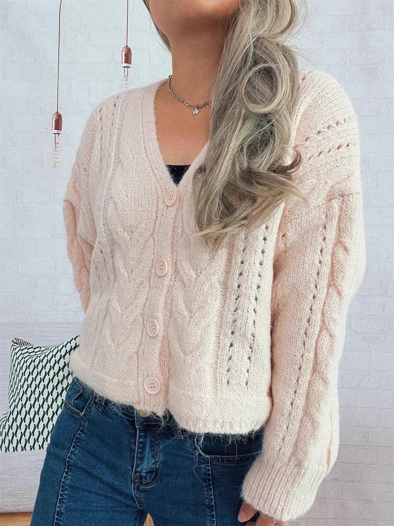Cable Knit Button-Up Cardigan Pink One Size 1f30b7887501446a91c580014b065414-Max-Origin