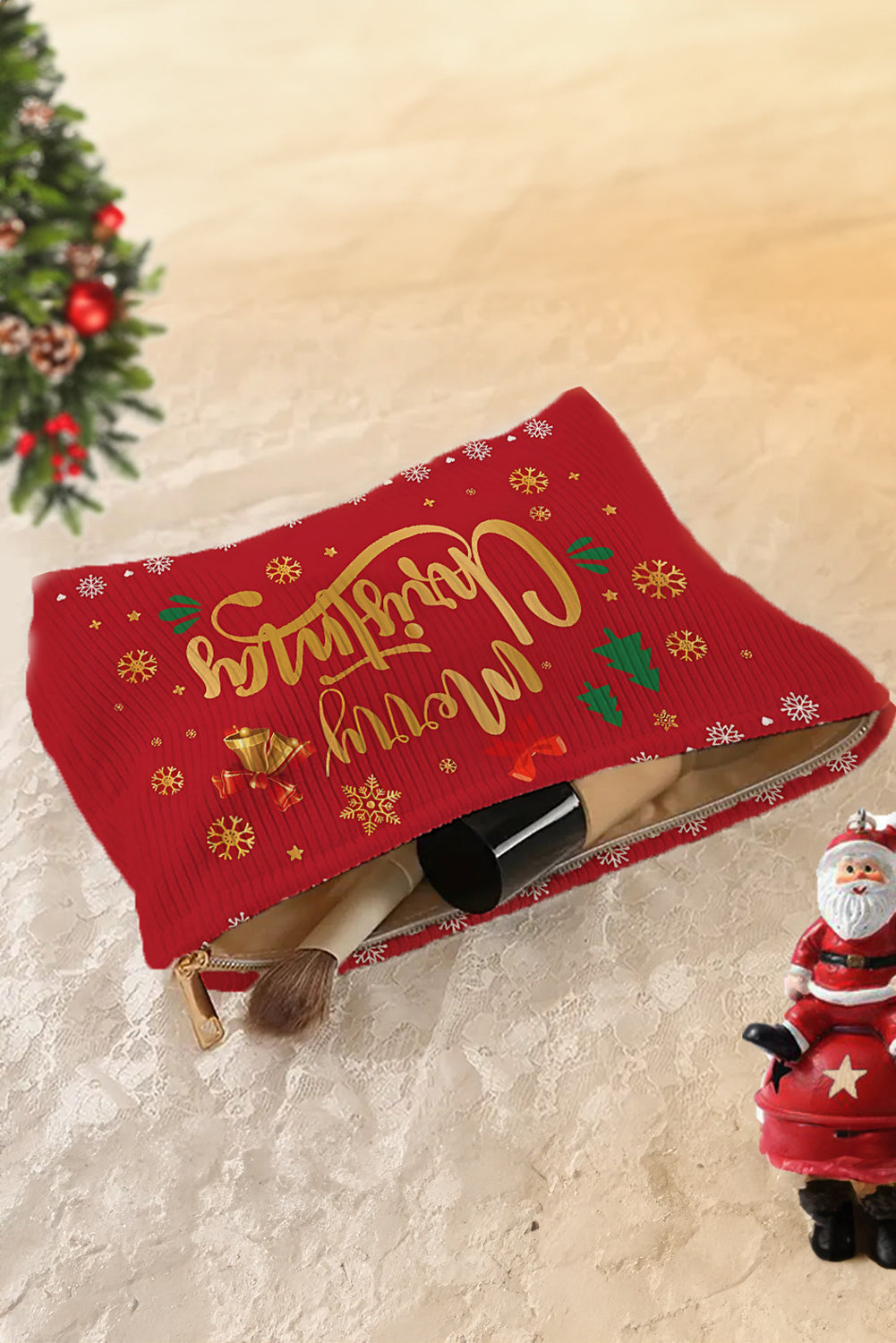 Pink Christmas Santa Claus Corduroy Zip Up Cosmetic Bag