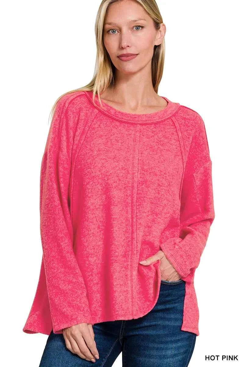 Zenana Brushed Hacci Exposed Seam Hi Low Sweater HOT PINK 1ff8e81780a943679ebe24e01a4a0634-Max-Origin