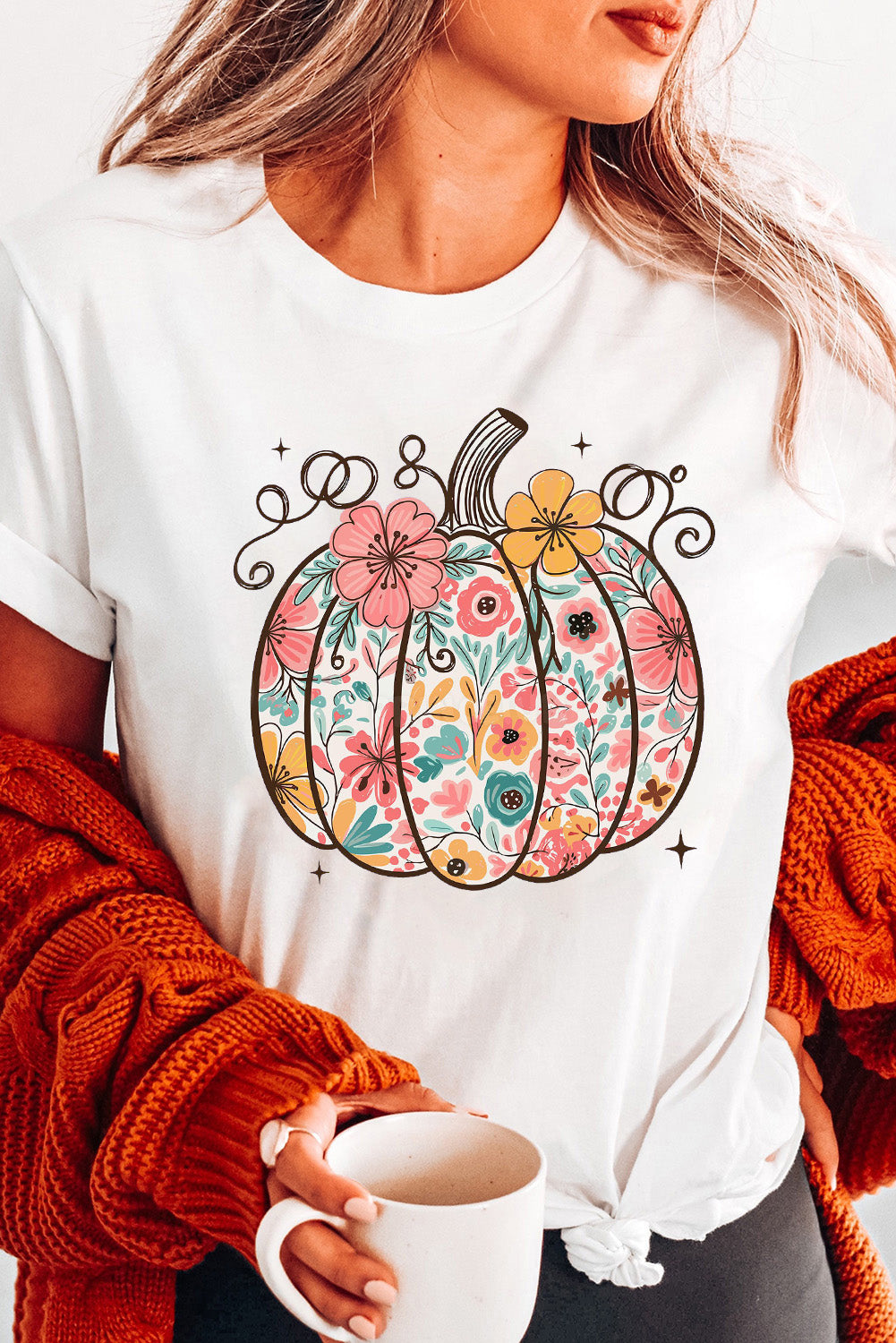 White Floral Pumpkin Heat Transfer Printing Cotton Blend T Shirt 200e6ef6f40133ea