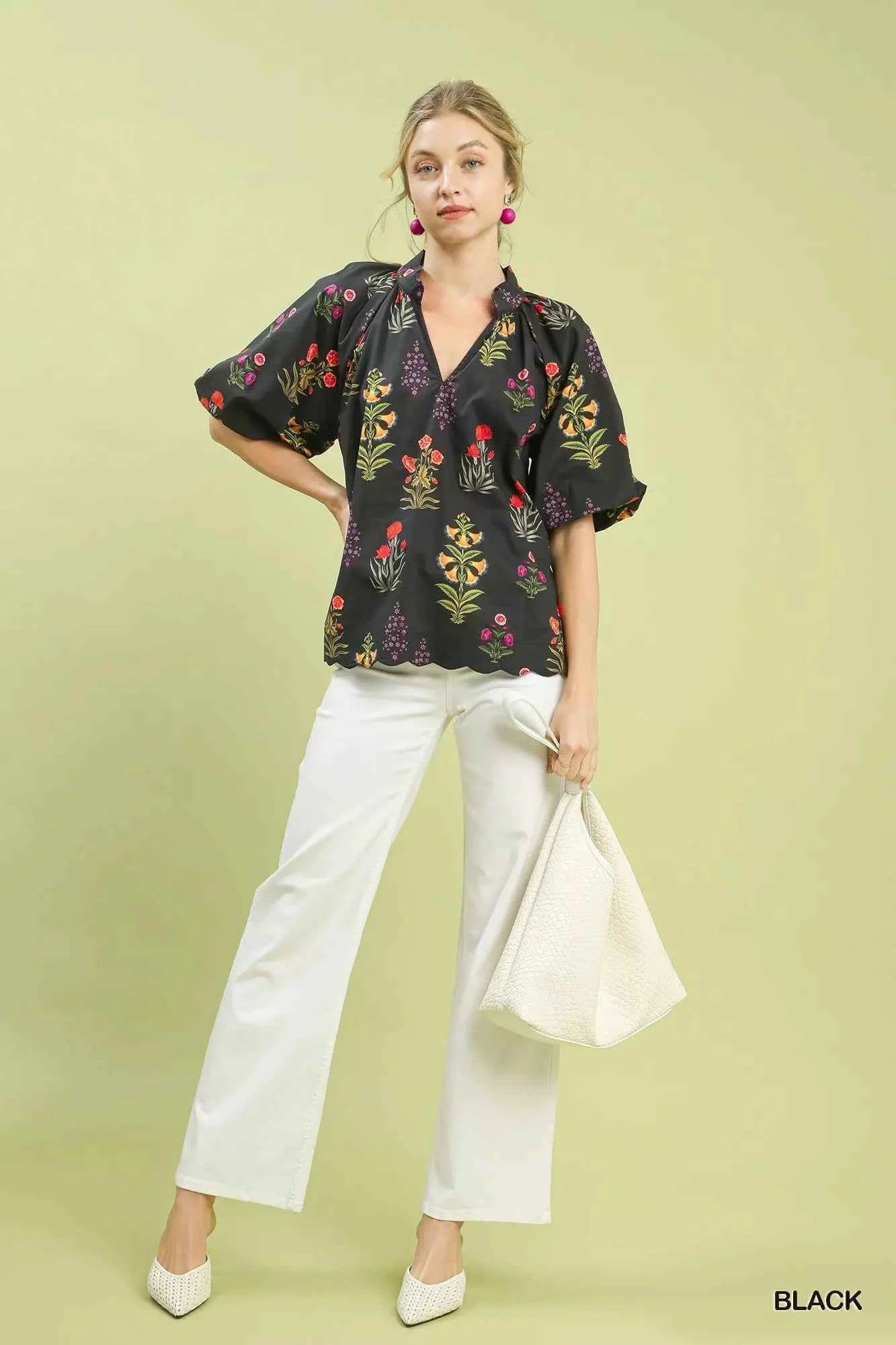 Umgee Floral Print Puff Sleeve Scallop Hem Blouse