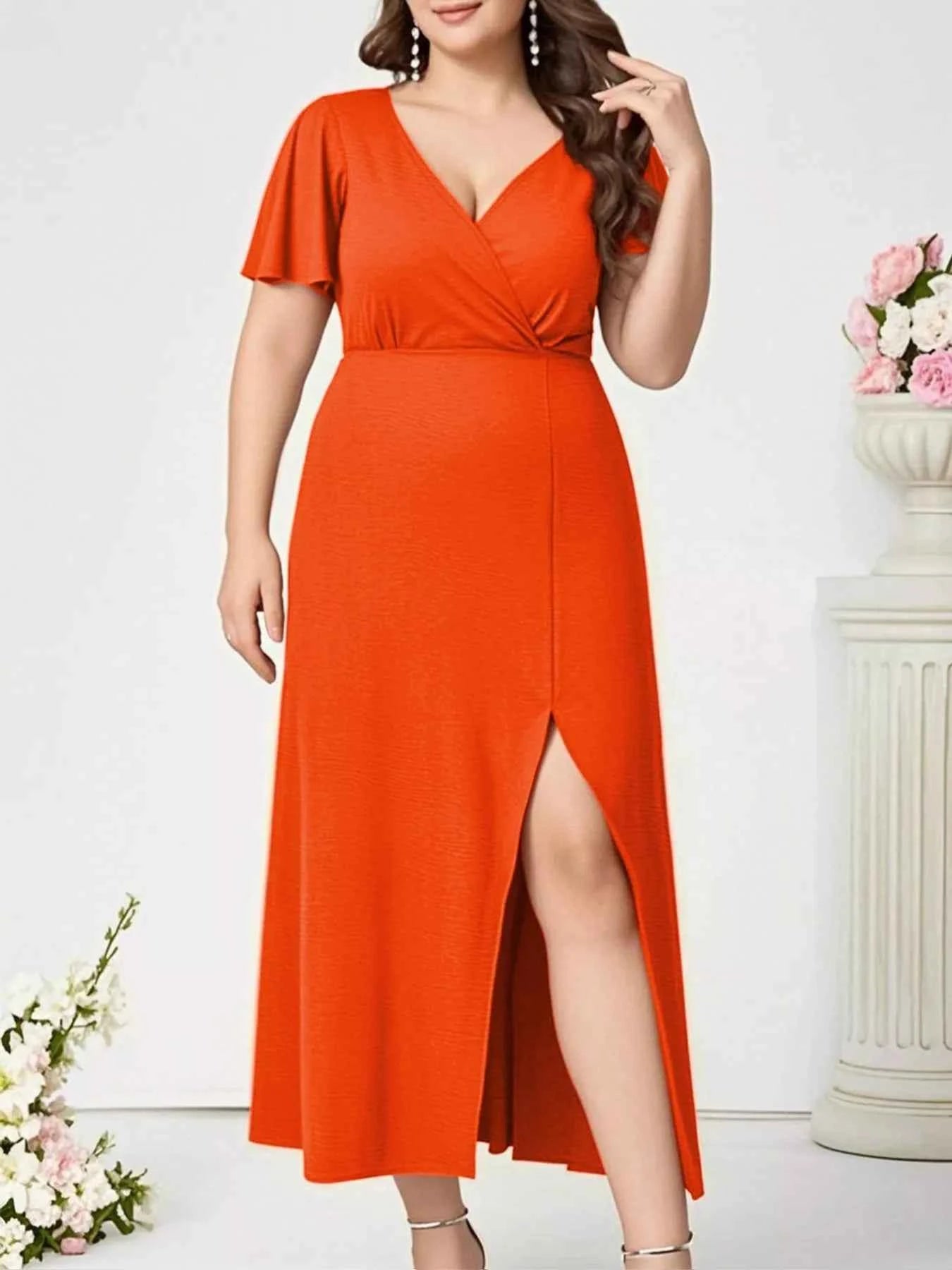 Plus Size Surplice Flutter Sleeve Dress Orange 20c9c3b2-deda-4ab1-be50-448218725a0e-Max-Origin