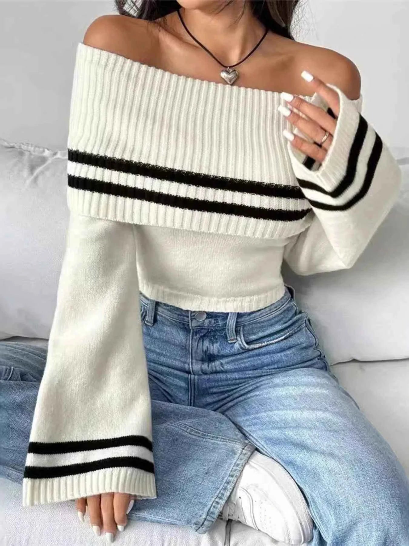Ribbed Off-Shoulder Striped Knit Top 20f85e58beda405292a0d2809274402b-Max-Origin