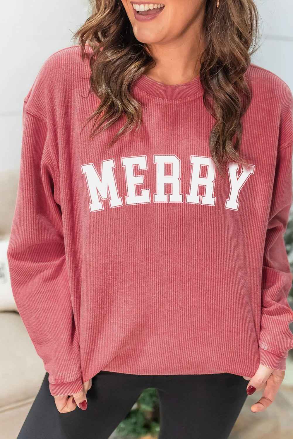 Strawberry Pink Corded MERRY Letter Heat Transfer Printing Sweatshirt Strawberry Pink 100%Polyester 21a42241a4b280ae