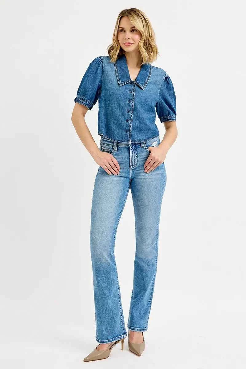 RISEN Button Down Puff Sleeve Crop Denim Shirt MEDIUM 221395a97924482eadd9f597cf01eeaf-Max-Origin