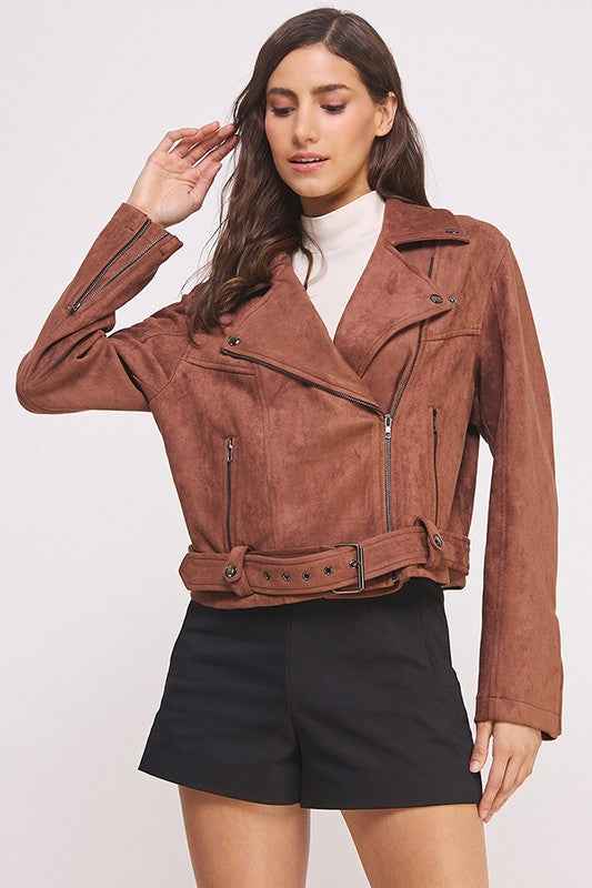 BELTED LONG SLEEVE ZIPPERED SUEDE MOTO JACKET CHOCOLATE 22158170_c01a6395-48e1-49b2-9ac1-14a88ea4856d