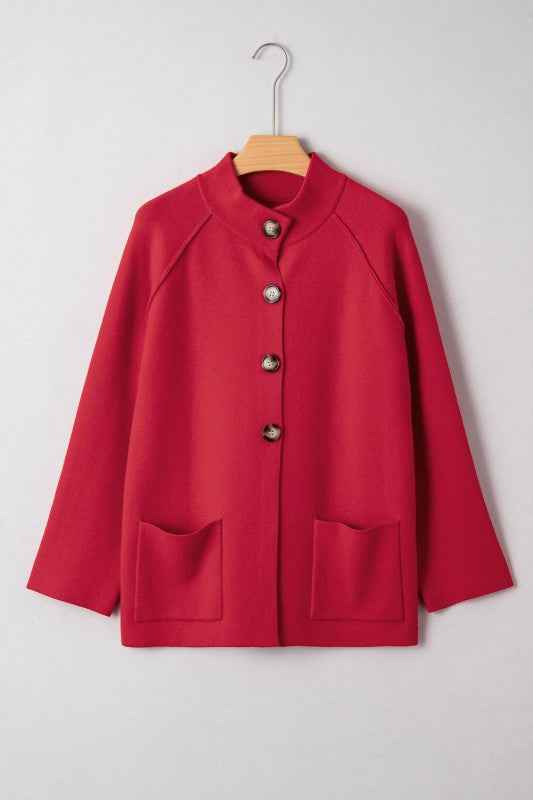 Solid Collared Button Front Cardigan Jacket Fiery Red 223a528e-77eb-41db-abf6-8cfef062a655