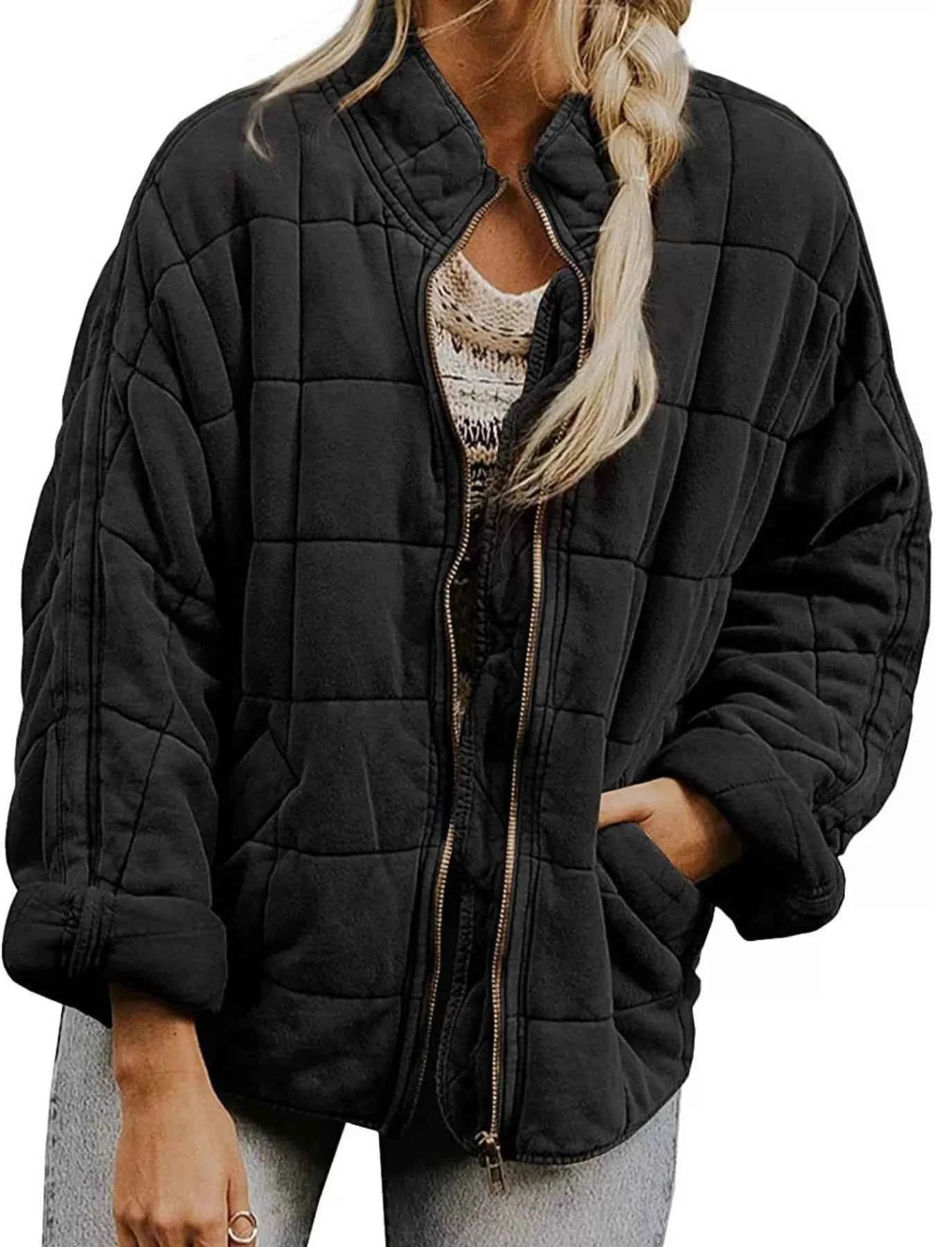 Full Size Zip Up Quilted Bomber Jacket Plus Size Black 2280f6d9-be25-47d9-a822-f956fb4689df-Max-Origin