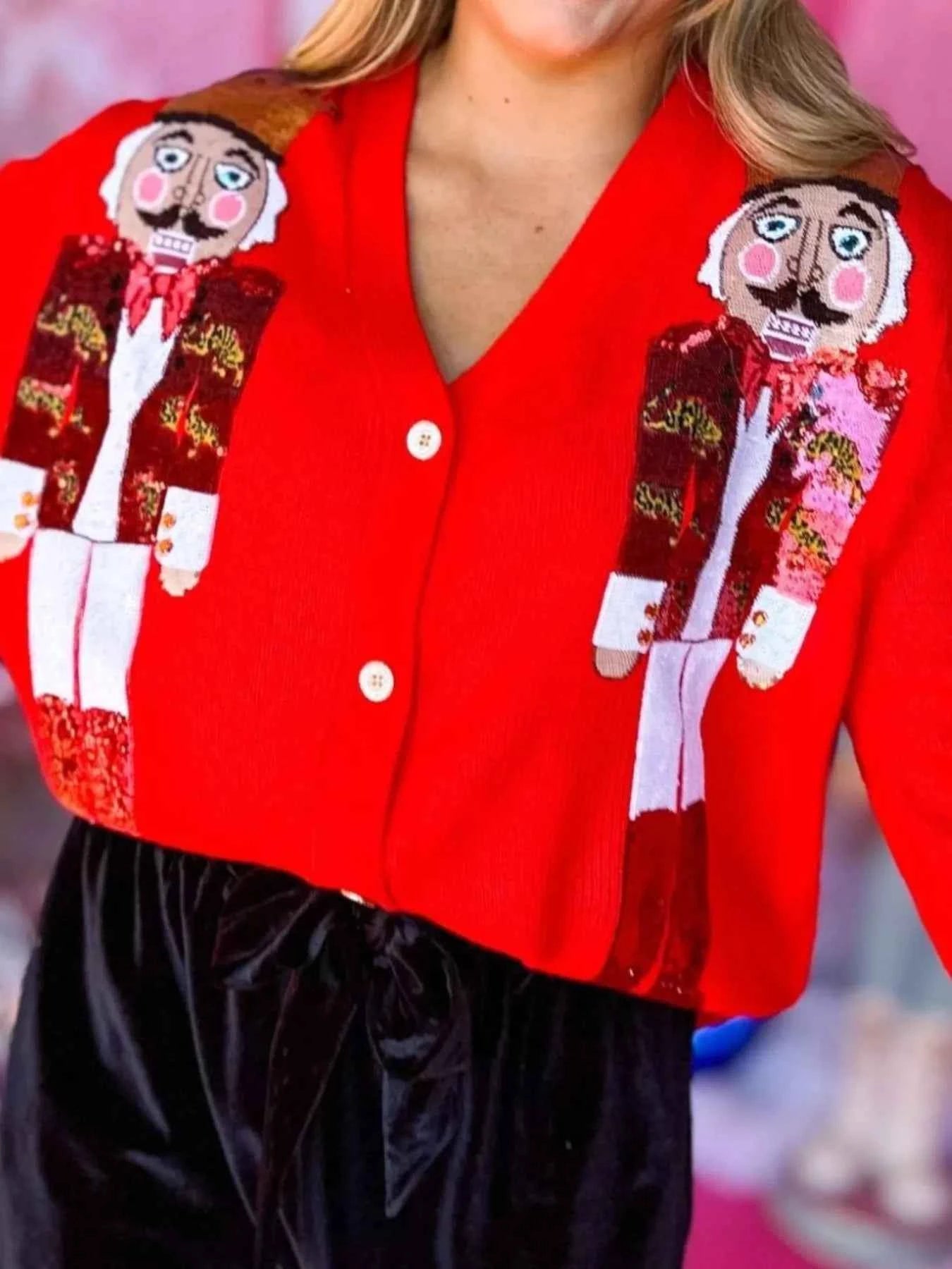 Nutcracker Ribbed Hem V-Neck Cardigan 228afec6-33af-4358-a7d5-84ce440fd35d-Max-Origin