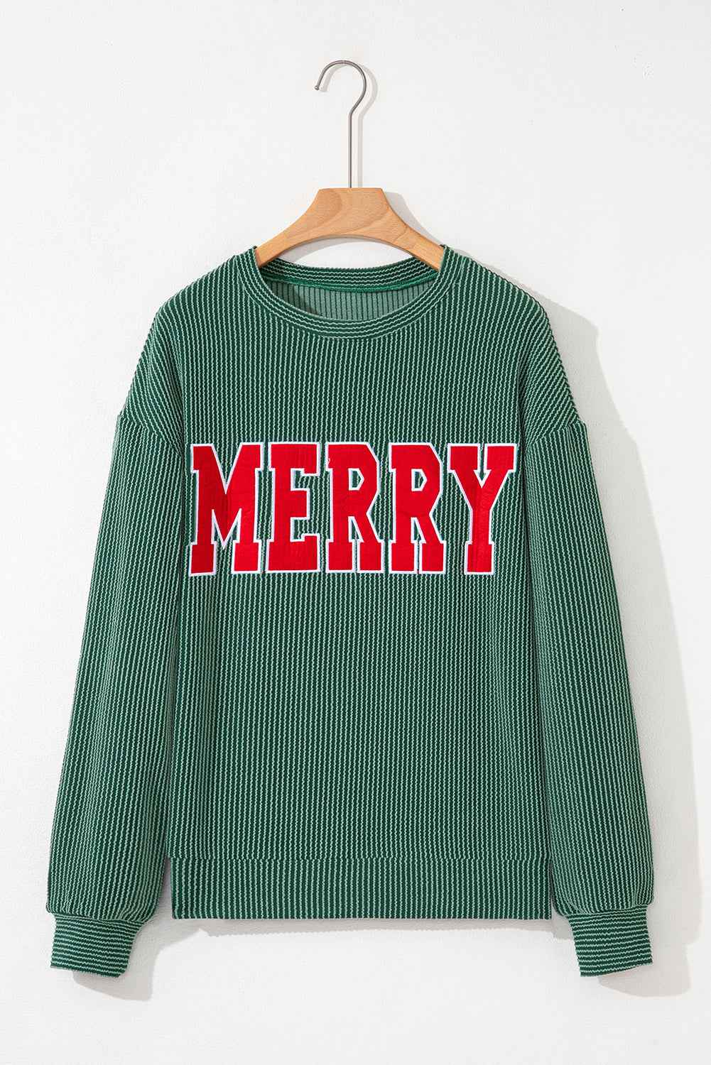 Evergreen Twisted Rib Merry Letter Graphic Loose Long Sleeve Top 22ac4c64d29a67ec