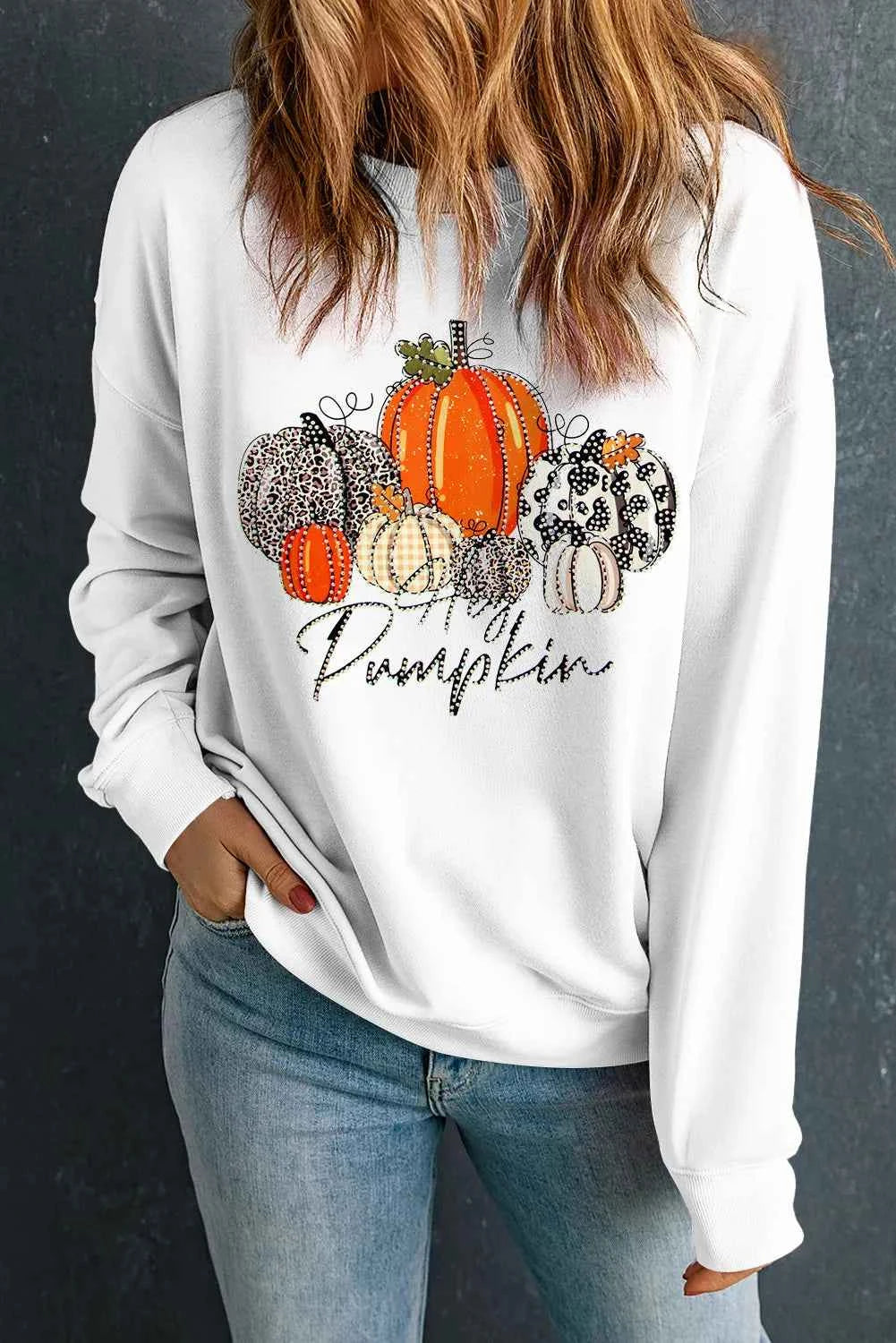 Pumpkin Graphic Round Neck Dropped Shoulder Sweatshirt White 22d3c469-8fcc-4ada-a104-48b8404a367c-Max