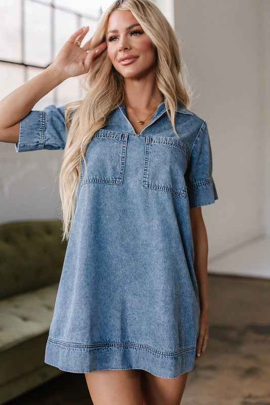 Short Sleeve Collared Pocket Denim Mini Dress 23287774_8ecf8975-f290-4c67-812e-c7d91b7bf9d8