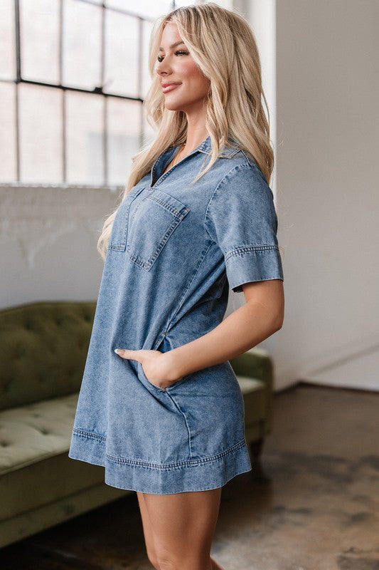 Short Sleeve Collared Pocket Denim Mini Dress