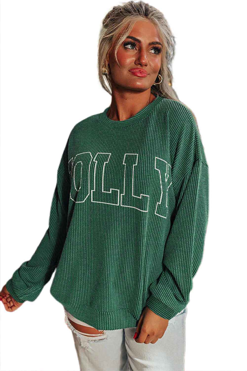 Evergreen Twisted Rib Merry Letter Graphic Loose Long Sleeve Top 23353a94e18ffab5