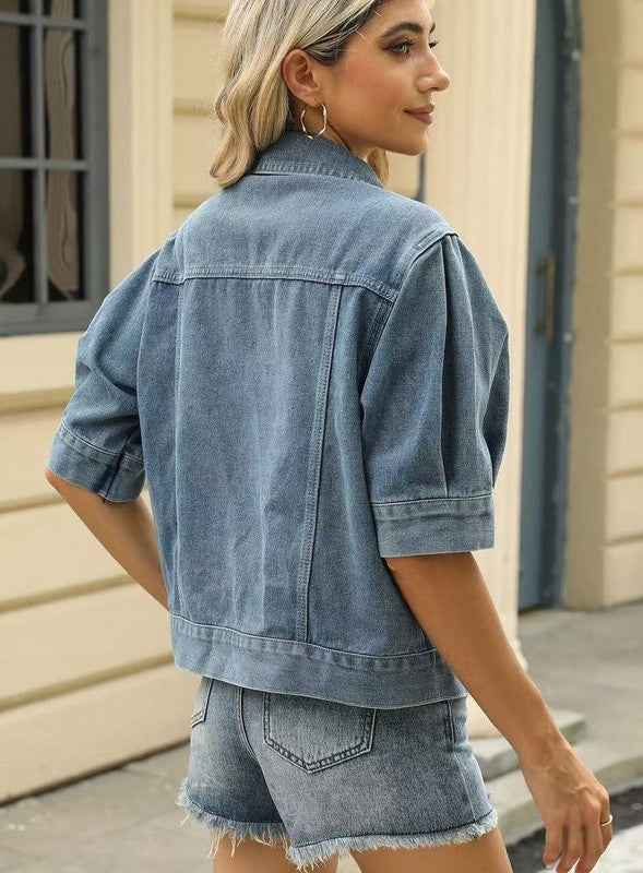 Short sleeve denim button front jacket 23389649_cfcf7965-0e74-4935-89ef-853702edef95