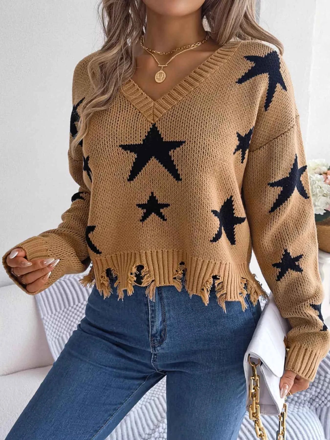 Star Pattern V-Neck Distressed Sweater Taupe 2345d66e-51df-469b-ac12-0e7dce35d720-Max-Origin