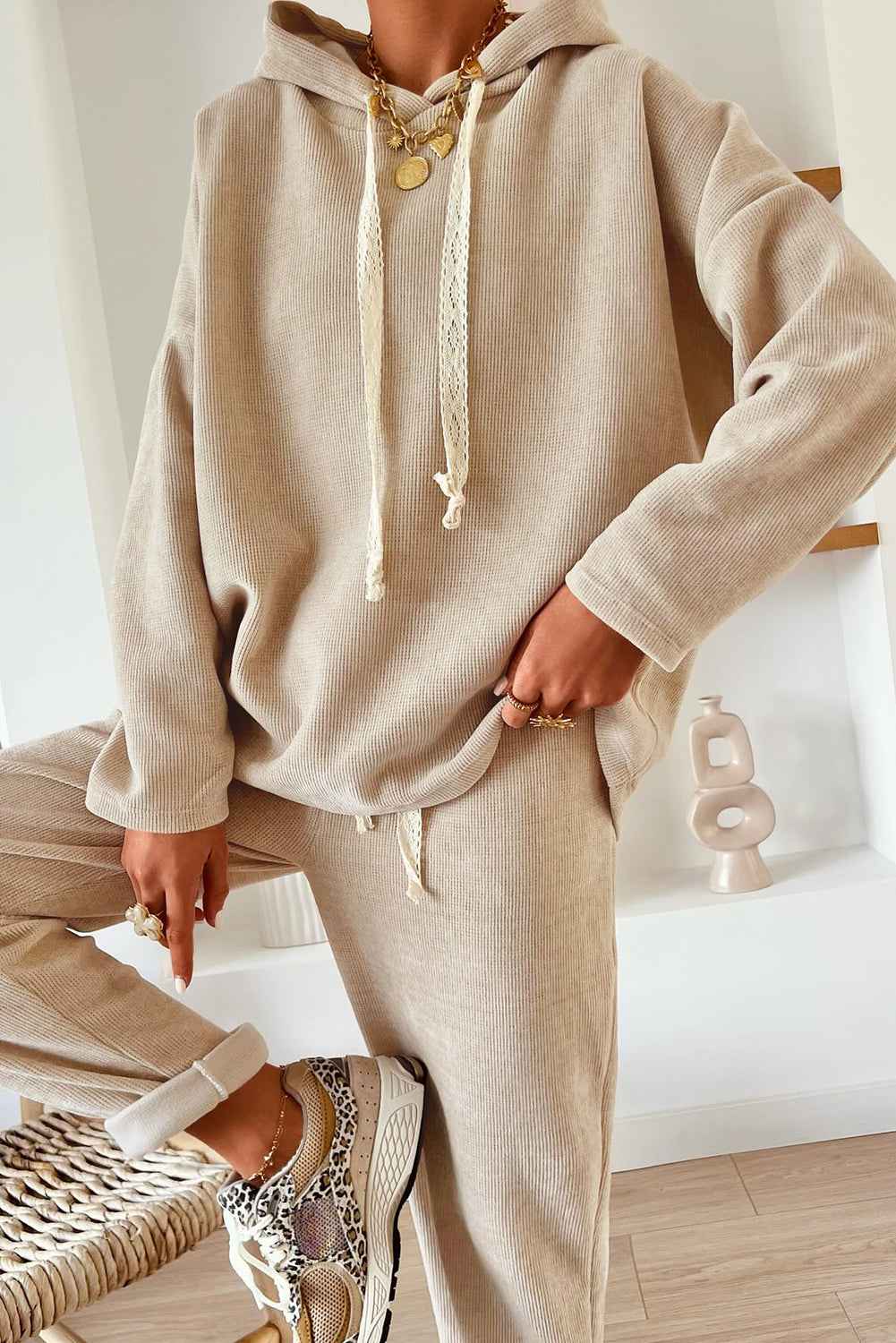 Jet Stream Drawstring Pullover Hoodie and High Waist Pants Corduroy Suit Jet Stream 42.5%Polyester+40%Viscose+16%Polyamide+1.5%Elastane 2443b8e16a59fb8f