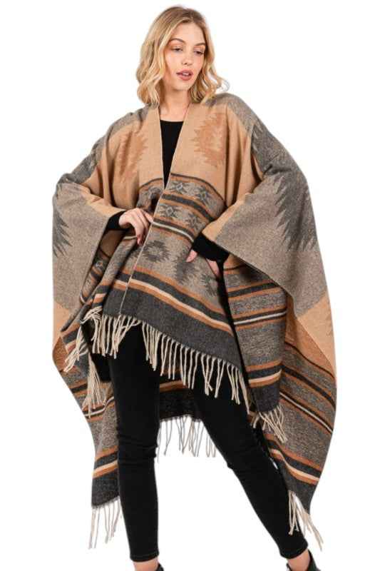 Aztec Pattern Fringe Ruana Cardigan Warp Scarf Taupe O S 24773010_550c12a6-2294-49a3-b42d-4cd353695c95