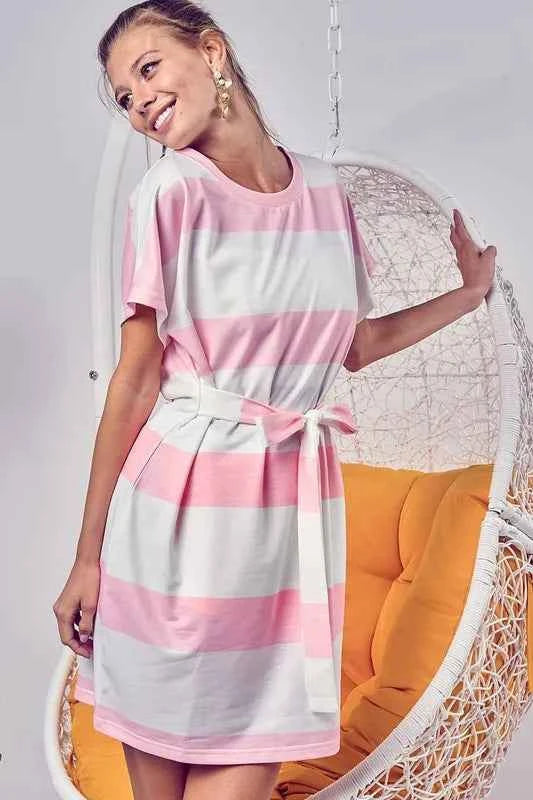 BiBi Tie Front Striped Short Sleeve Dress BLUSH 2483bcec-f768-4208-a67d-caadf2d7535d-Max-Origin